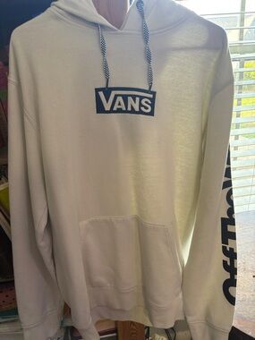 custom and classic Vans White Hoodie with Black Vans Logo and Sleeve Script
